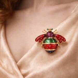 Vintage Red Bee Gold Brooch